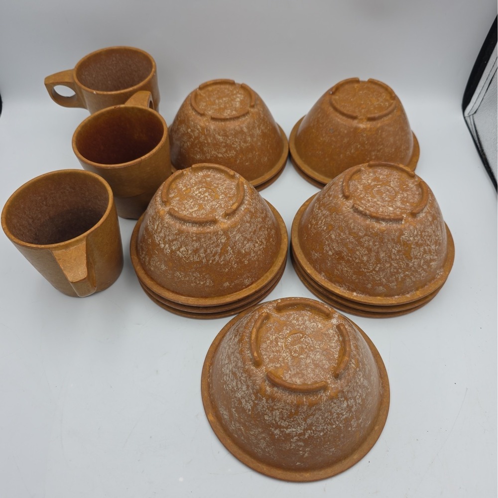 Set of 11 Vintage Halsey US Military Mess Hall Melmac Bowls Brown & 3 Cups